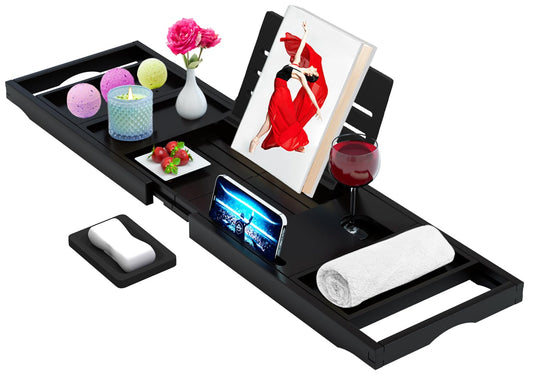 Premium Bathtub Tray Caddy - Expandable Bath Caddy Tray - Adjustable Bamboo Bath Caddy Tub Table - Unique House Warming Gifts New Home - Black