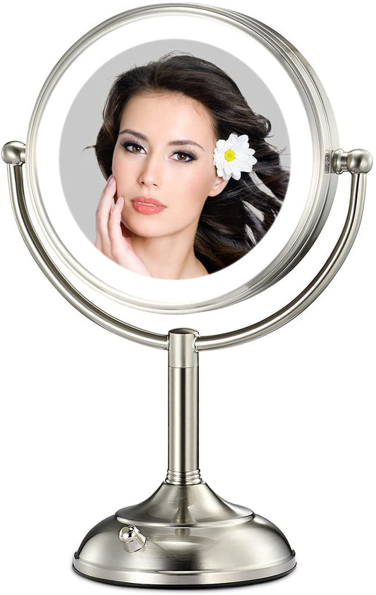 VESAUR 8.5" Large Tall Lighted Makeup Mirror, 1X/10X Magnifying Vanity Mirror with 3 Color Lights, 48 LEDs Adjust Brightness(0-1200Lux), Senior Pearl Nickel Swivel Cosmetic Mirror, Dual Power Supply