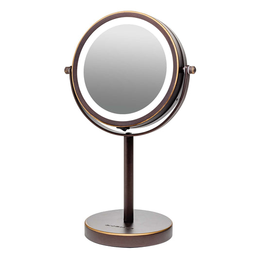 Ovente Lighted Vanity Mirror 6 Inch Table Top 1X 7X Magnification LED 360 Adjustable Double Sided Spinning Personal Makeup Stand Desk Bathroom Battery Powered Circle Large Antique Bronze MLT60ABZ1X7X