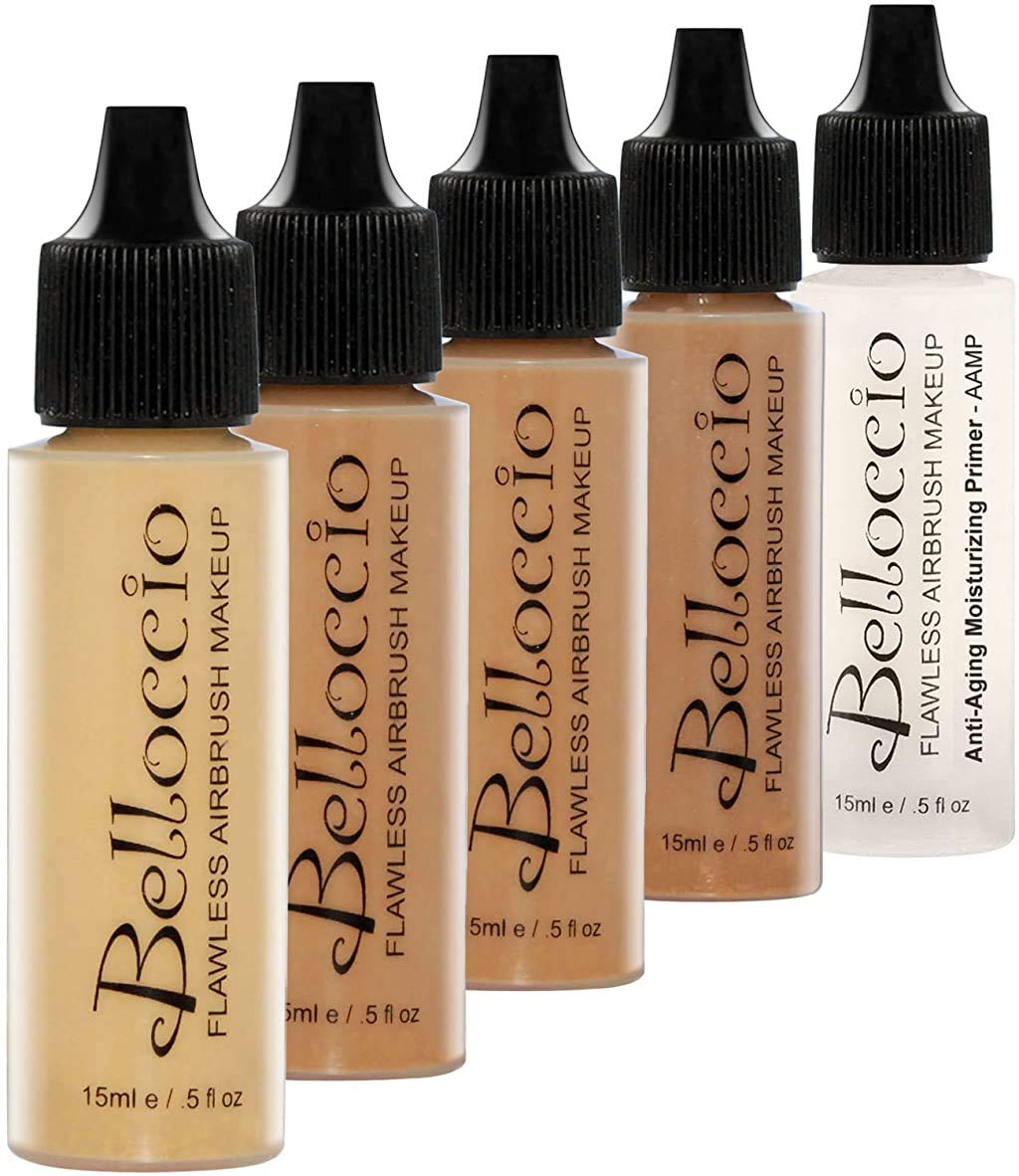 Belloccio Tan Color Shade Foundation Set - Professional Cosmetic Airbrush Makeup in 1/2 oz Bottles