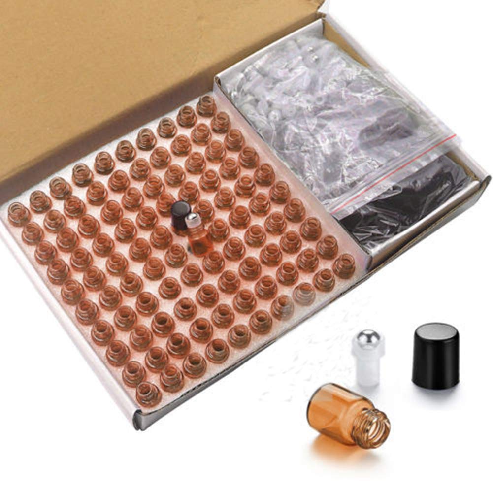 Amber Glass Roller Bottles 100 Packs 1ml-1/4Dram Sample Vial Glass Roll On Bottles with Metal Roller Balls Roller Bottles for Essential Oils Aromatherapy Perfumes-Black Lid,1 Opener Remover Included