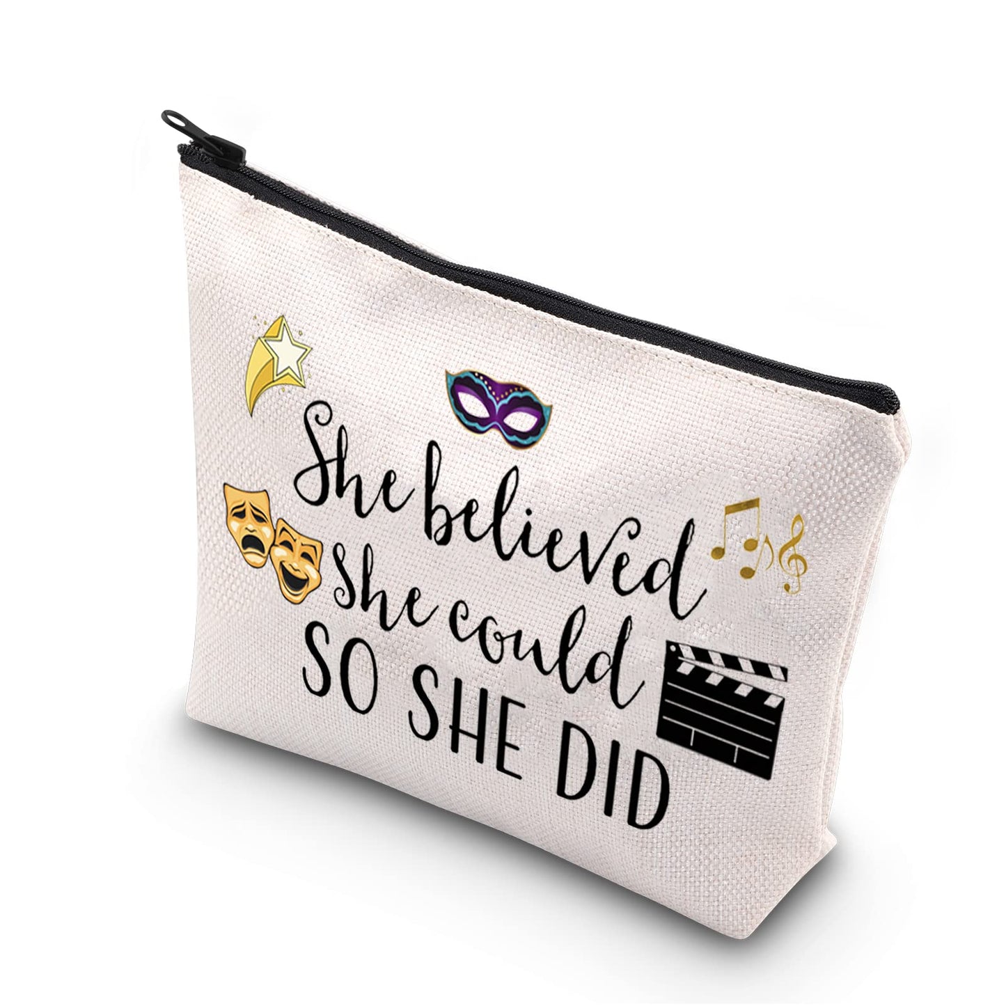 Theatre Themed Inspirational Gift She Believed She Could So She Did Actress Zipper Pouch Makeup Bag (She believed theatre)