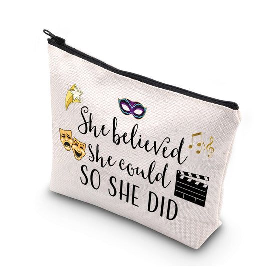 Theatre Themed Inspirational Gift She Believed She Could So She Did Actress Zipper Pouch Makeup Bag (She believed theatre)