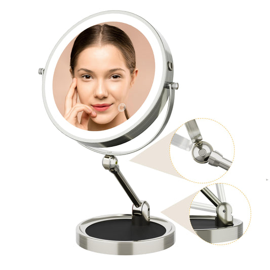 Rocollos 9 Inch Large Height Adjustable Rechargeable Lighted Makeup Mirror with 1X/10X Magnification, 3 Color Dimmable Lights Vanity Mirror 360°Swivel Double Sided Tabletop Standing Mirror