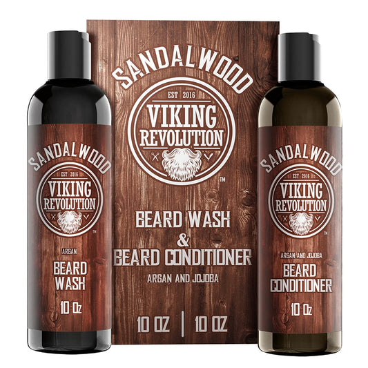 Beard Wash & Beard Conditioner Set w/Argan & Jojoba Oils - Softens & Strengthens - Natural Sandalwood Scent - Beard Shampoo w/Beard Oil (10oz)