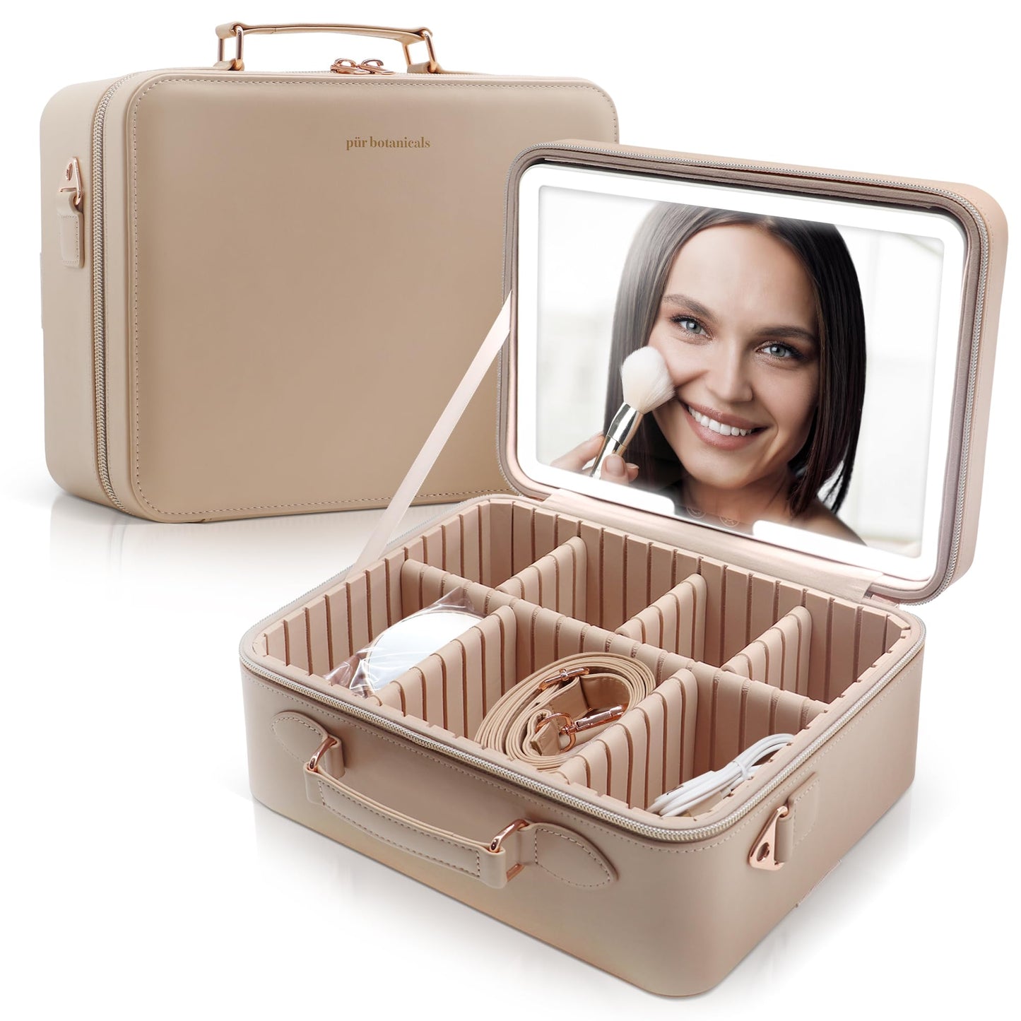 Travel Makeup Bag Cosmetic Bag Makeup Organizer Bag with Large Lighted Mirror 3 Color Scenarios Adjustable Brightness, Waterproof Makeup Travel Case, Large Makeup Train Case Toiletry Gift (Nude)