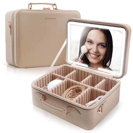 Travel Makeup Bag Cosmetic Bag Makeup Organizer Bag with Large Lighted Mirror 3 Color Scenarios Adjustable Brightness, Waterproof Makeup Travel Case, Large Makeup Train Case Toiletry Gift (Nude)