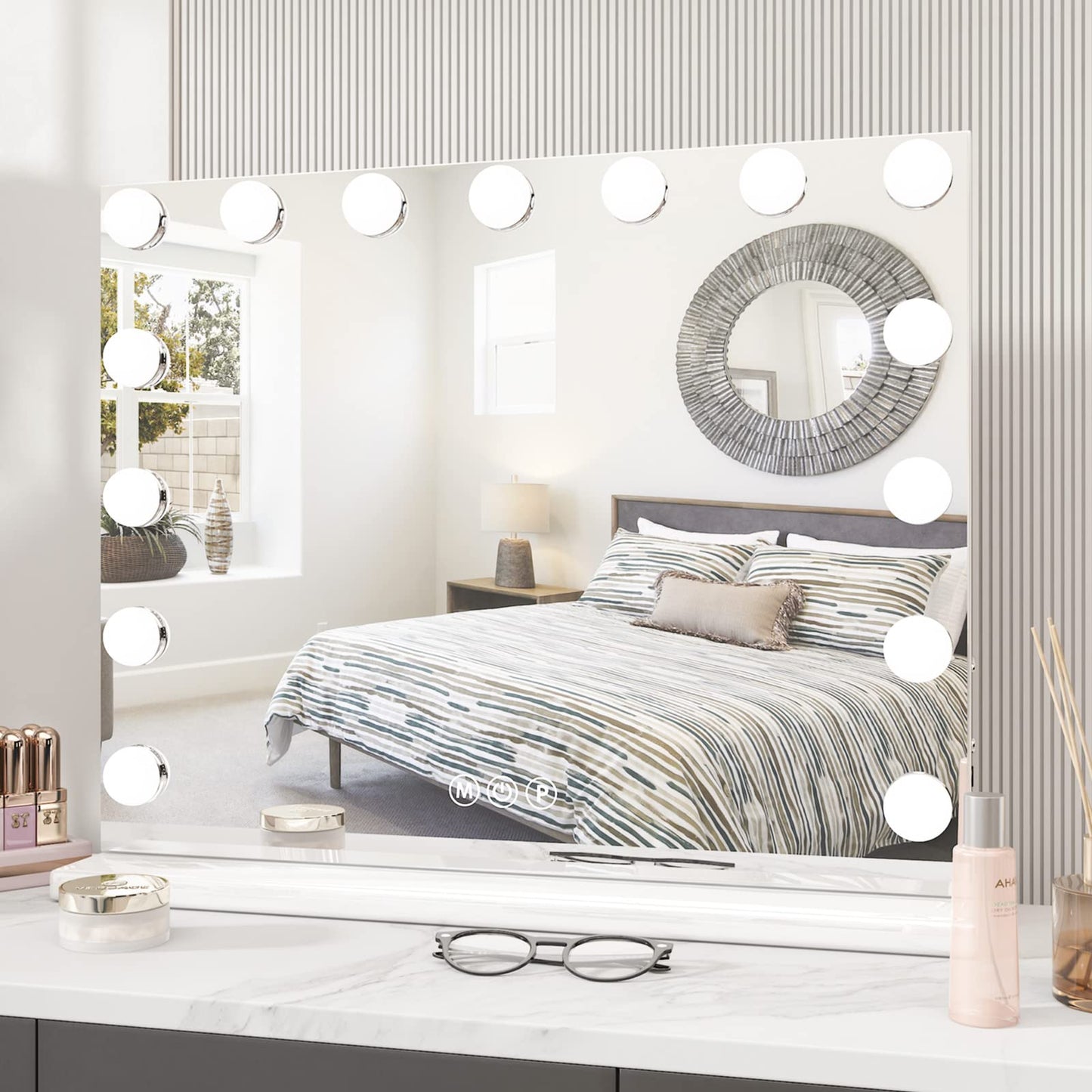 Poseerkey Hollywood Lighted Makeup Mirror with 15 Dimmable LED Bulbs for Dressing Room & Bedroom, Smart Touch Control, White