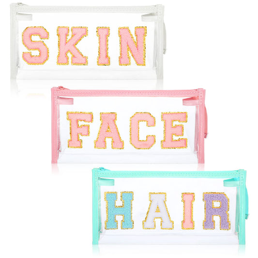 3 Pcs Preppy Clear Makeup Bags Chenille Letter Patch Pouch with Zipper Waterproof Cosmetic Toiletry Bag Transparent Toiletry Bags for Women Girls Gift Bathroom Travel, Vacation (Vivid Style)
