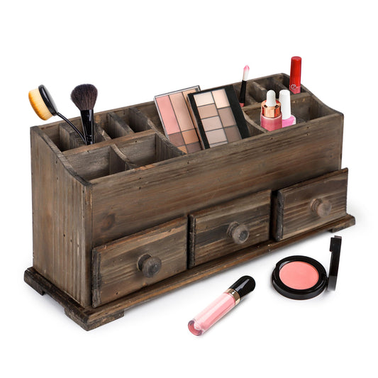 Besti Rustic Vanity Organizer for Cosmetics, Makeup, and Bathroom Accessories, Wooden Farmhouse Storage Box with 3 Drawers, Vintage Countertop, Dresser, or Desk Organization