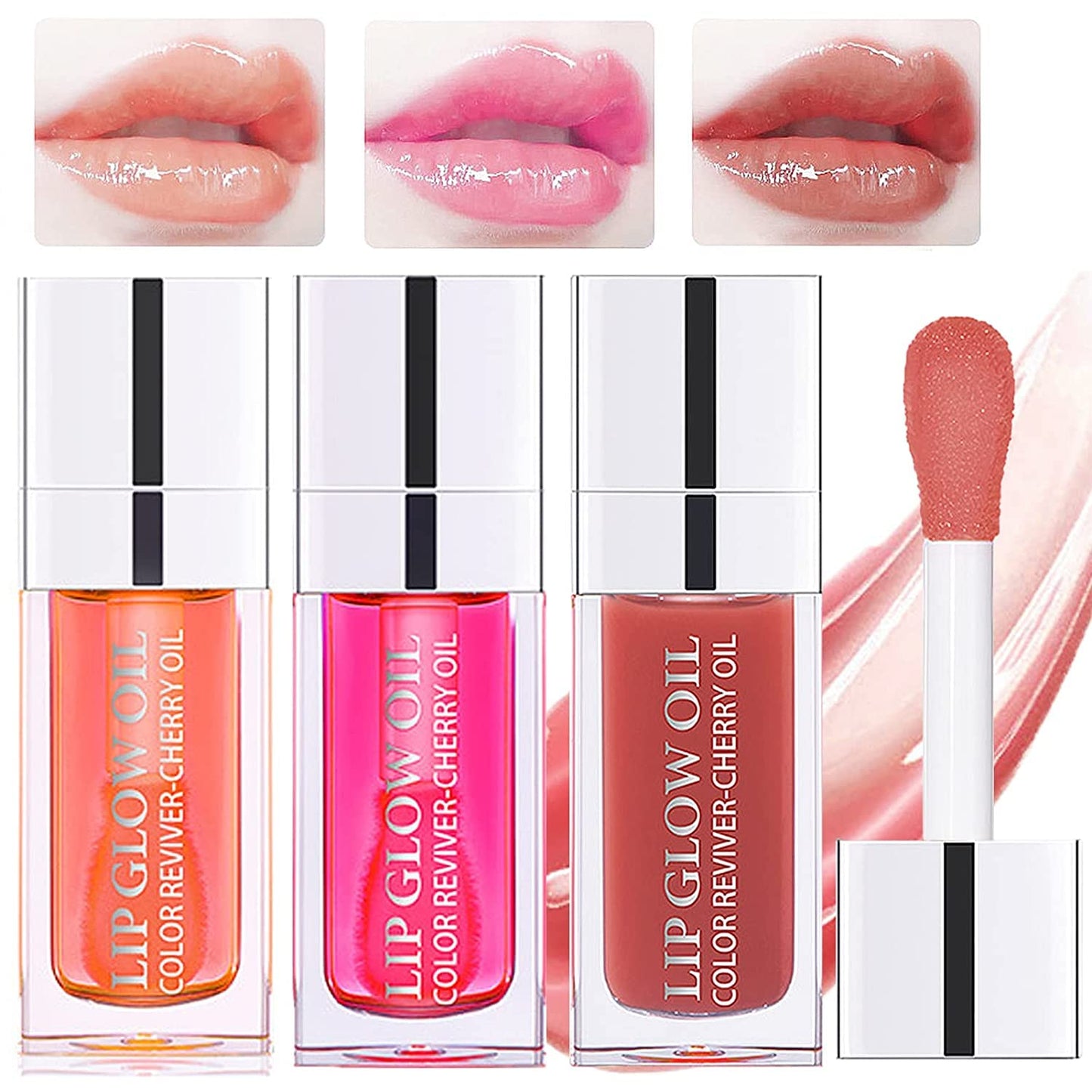 Plumping Lip Oil(3 Pcs), Hydrating Lip Gloss Tinted Lip Balm Transparent Lip Care, Big Brush Head Glitter Shine, Long Lasting Nourishing Non-sticky Fresh Texture