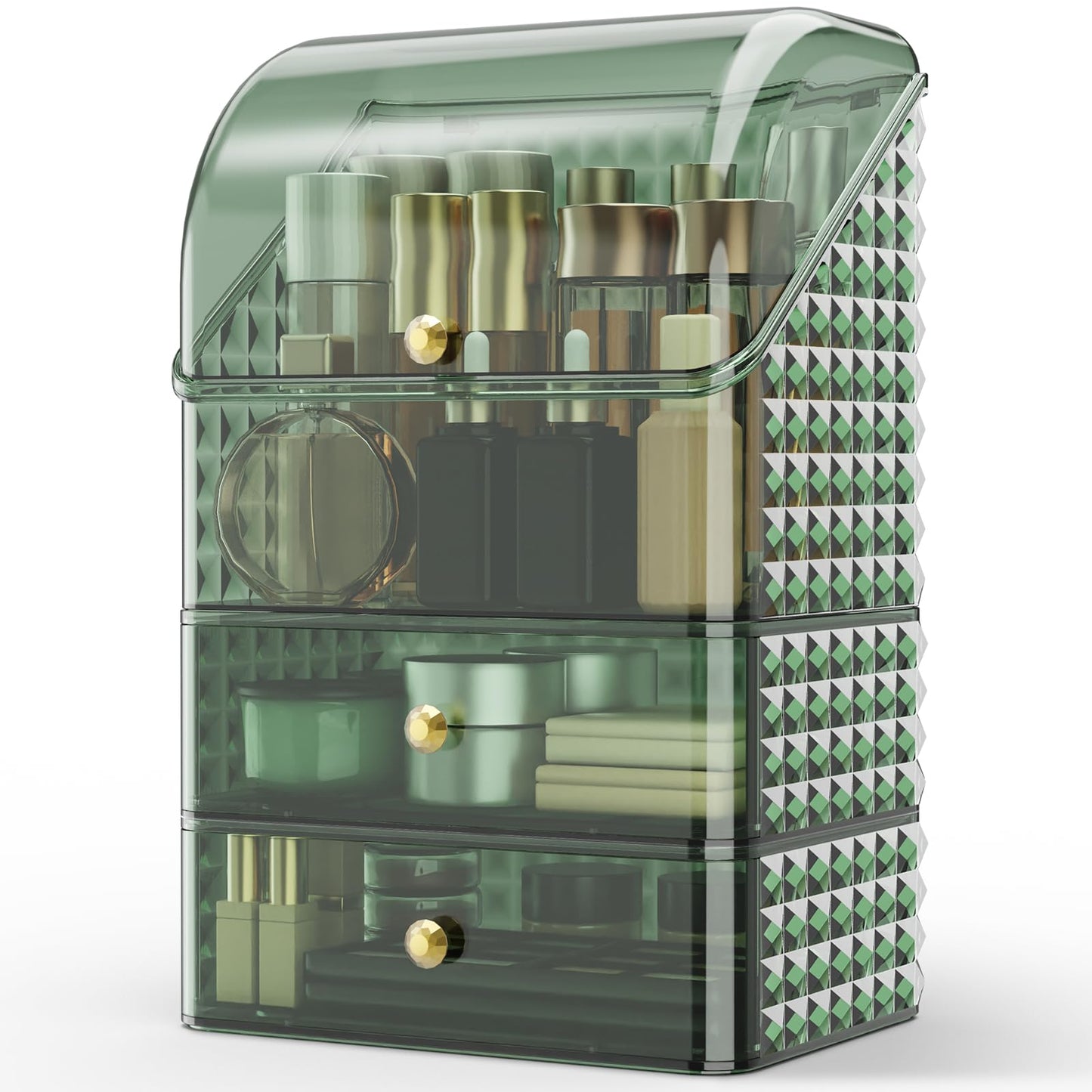 Rosoenvi Makeup Organizer for Vanity, Stackable Cosmetics Organizer and Storage, Makeup Organizer Case with Waterproof and Dustproof Lid, Perfect for Countertop Bathroom Vanities, 3 Layers, Green