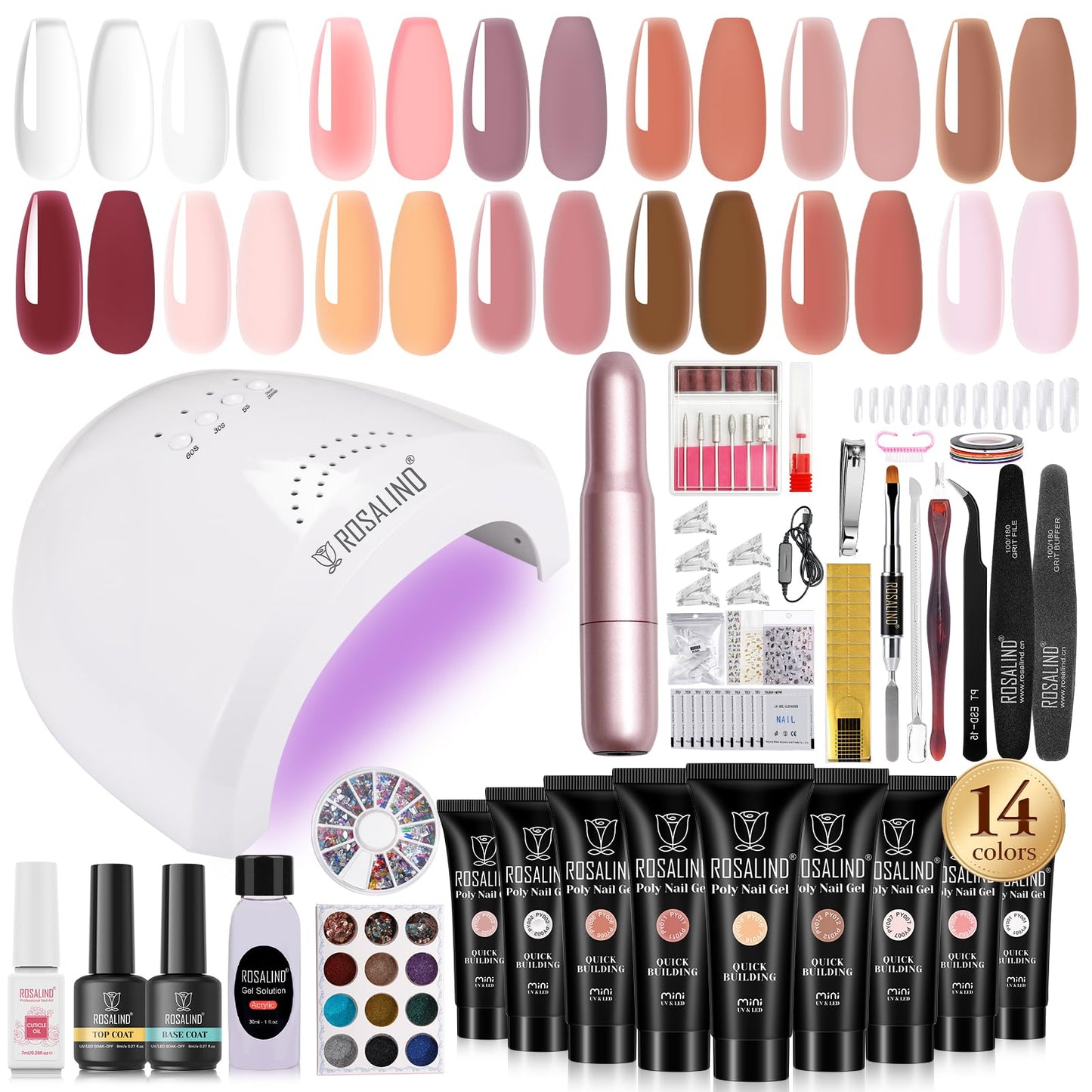 ROSALIND Poly Nail Gel Kit,14PCS Nude Clear Poly Nail Gel Nail Starter Kit with Mini U V Lamp Electric Nail Drill Slip Solution for Pink Nail Extensions Gel Dual Forms Nail Brush All In One Kit