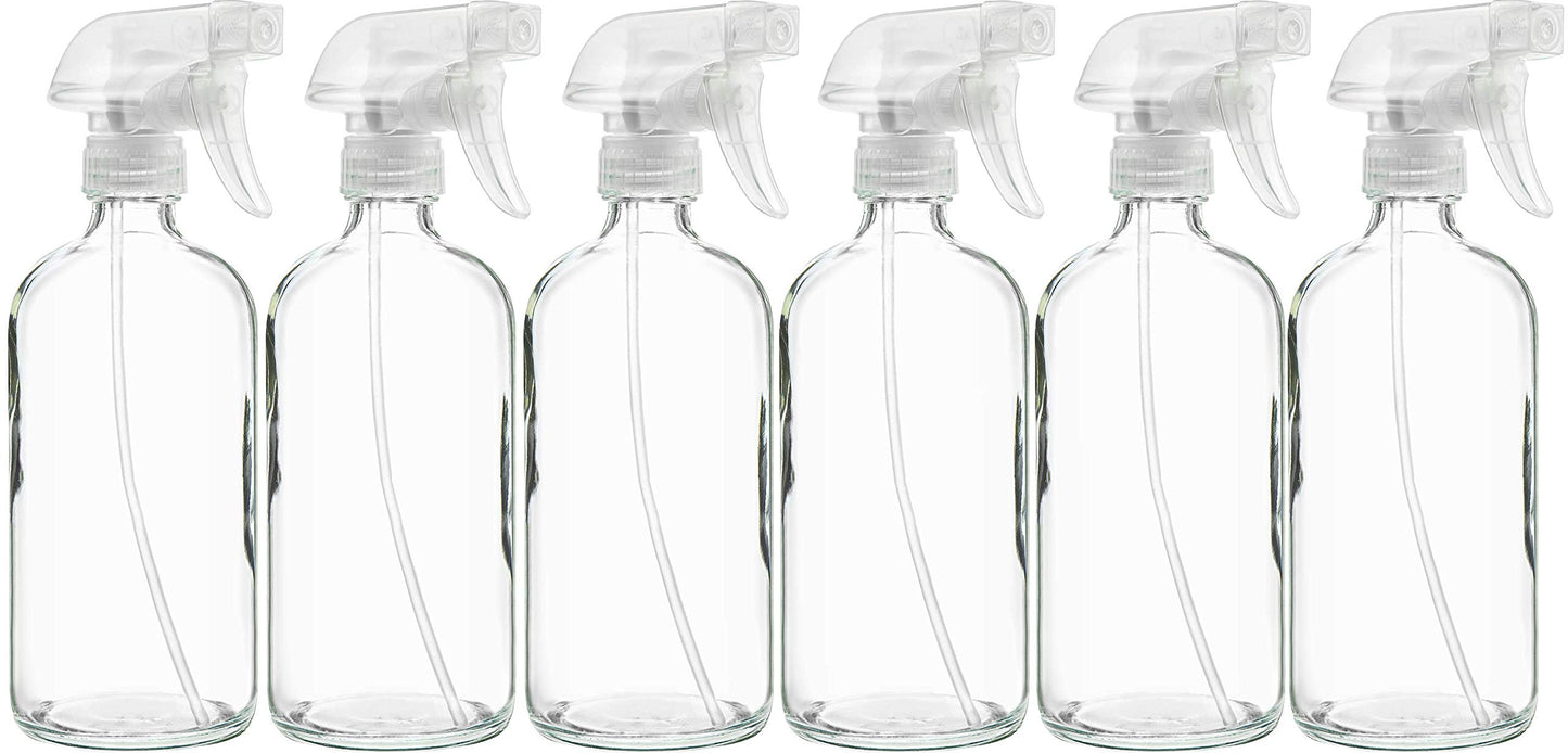 6 Pack of 16 oz Refillable Clear Glass Spray Bottles - Reusable Containers with Adjustable Sprayer: Misting & Stream - For Essential Oils, Cosmetics, Cleaning Products, Plants, Cooking, Aromatherapy
