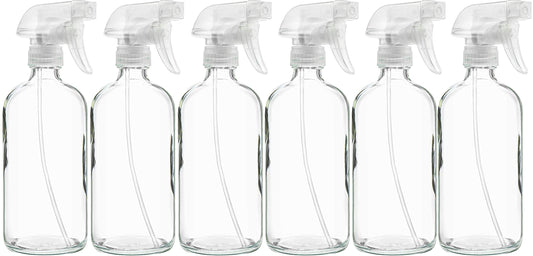 6 Pack of 16 oz Refillable Clear Glass Spray Bottles - Reusable Containers with Adjustable Sprayer: Misting & Stream - For Essential Oils, Cosmetics, Cleaning Products, Plants, Cooking, Aromatherapy
