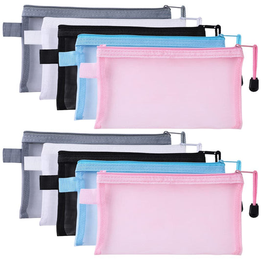 AKDSteel Mesh Travel Makeup Bag 10pcs Multifunctional Transparent Cosmetics Organizer Bag Zipper Pencil Case File Stationery Storage Pouch for Office Supplies Cosmetics Makeup Travel Accessories