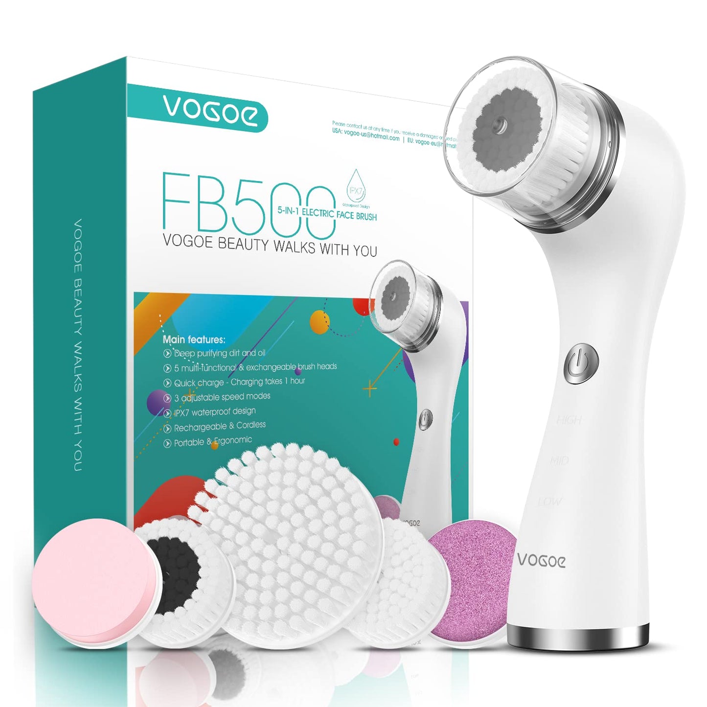 VOGOE Facial Cleansing Brush Rechargeable, Spin Face Wash Brush IPX7 Waterproof Electric Face Scrubber Exfoliator, 3 Speeds & 5 Brushes for Cleansing and Exfoliating, White