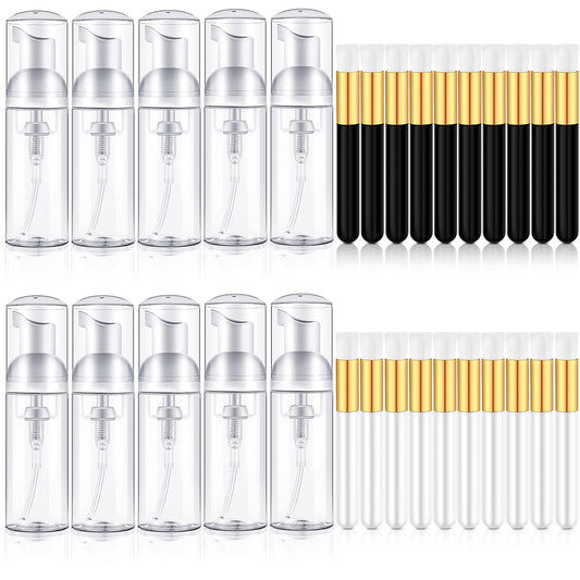 30 Pieces 1.8oz/ 50 ml Foaming Pump Bottles and Lash Shampoo Brushes Set Empty Travel Soap Foam Pump Dispenser Bottle Eyelash Extension Cleansing Brush Blackhead Remover Tool (White Black Solid Color)