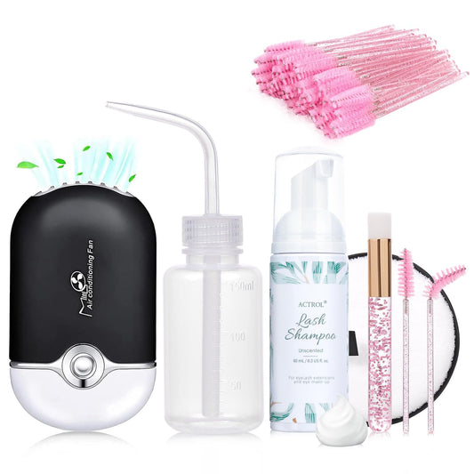 ACTROL Eyelash Extension Shampoo Kit 60ml Unscented Lash Extension Cleanser with Lash Fan Black Professional Eyelid Foaming Cleanser Paraben & Sulfate Free Non-lrritating