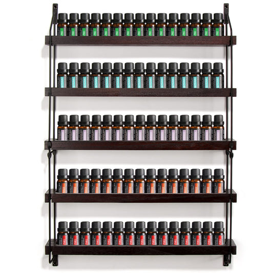 THYGIFTREE Essential Oil Storage Shelf Wall Mounted Wooden Essential Oil Collection Display Rack Organizer 5 Tiers Holds 75 Bottles, Nail Polish Holder Paint Organizer