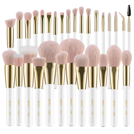 BEILI Makeup Brushes Set 30Pcs Professional Makeup Brush Premium Pink Vegan Synthetic Kabuki Foundation Blending Brush Face Powder Blush Concealers Eye Shadows Make Up Brush Set (White/Rose Golden)