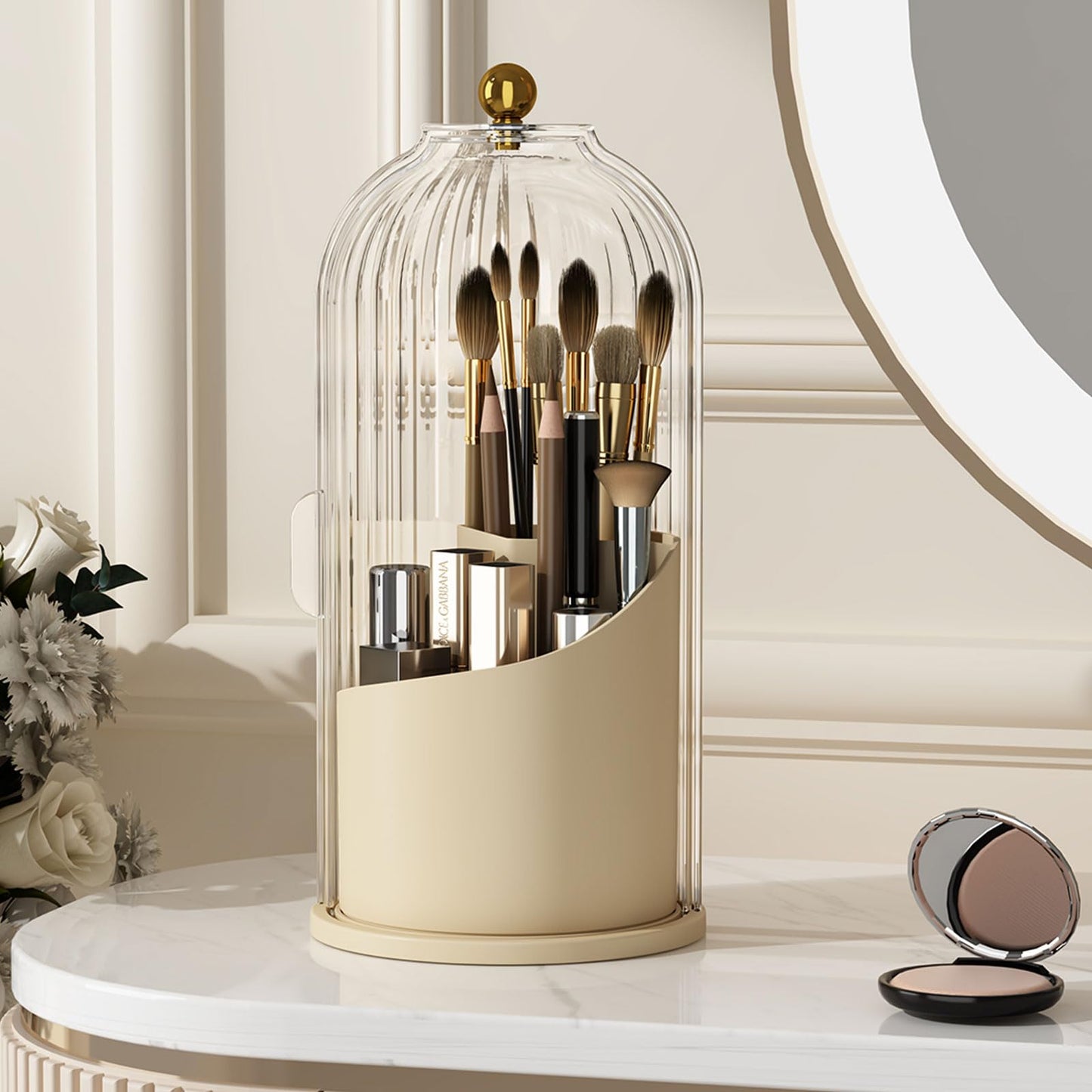 YOOLENS Makeup Brush Holder Organizer with Lid,360 Rotating Clear Dustproof Makeup Brushes Organizer for Vanity Desktop Bathroom Countertop, White Beige