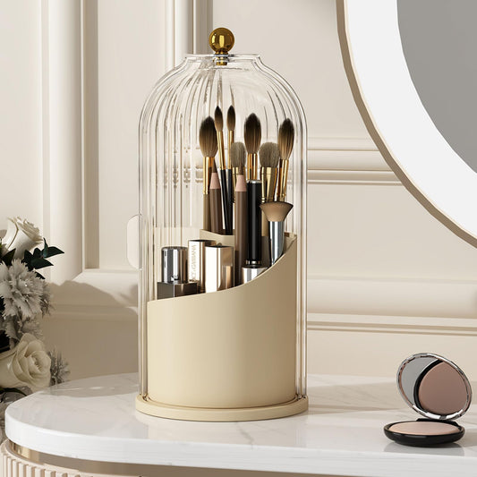 YOOLENS Makeup Brush Holder Organizer with Lid,360 Rotating Clear Dustproof Makeup Brushes Organizer for Vanity Desktop Bathroom Countertop, White Beige