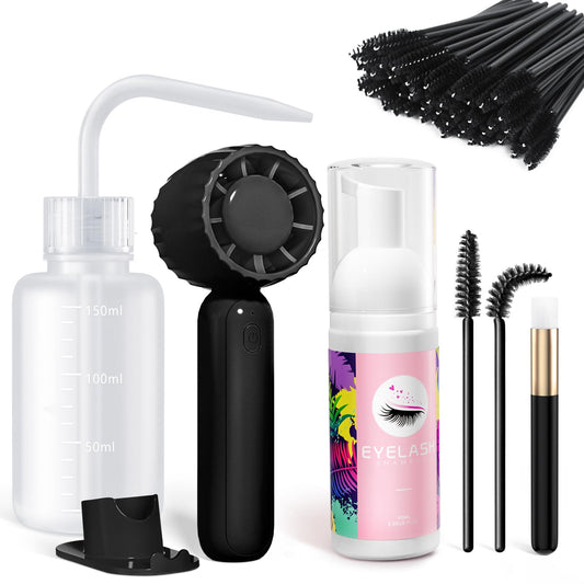 Buqikma Lash Cleaning Kit - 60ML Gentle Lash Shampoo Black Handheld Lash Fan Mascara Brush Rinse Bottle Rich Foam Eyelash Extension Cleanser Lash Shampoo Kit for Home Lash Extension or Salon