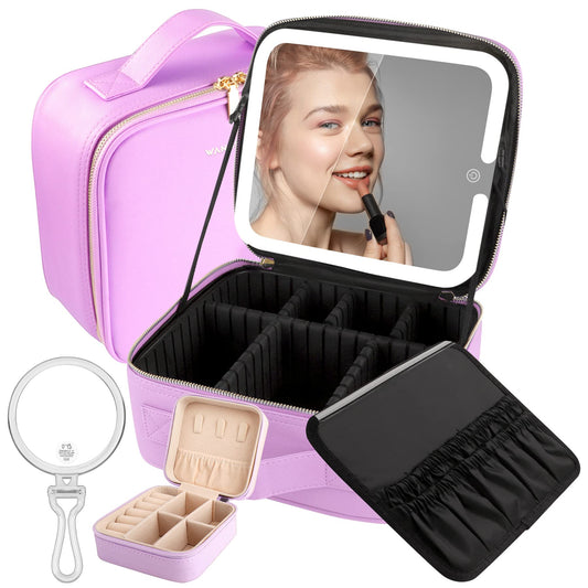Wangselect Make Up Bag with Mirror and Light Travel Cosmetic Case with Mirror Makeup Carrying Train Case with Makeup Brushes Storage,1x/10x Magnifying Mirror,Makeup Jewelry Box for Women Purple