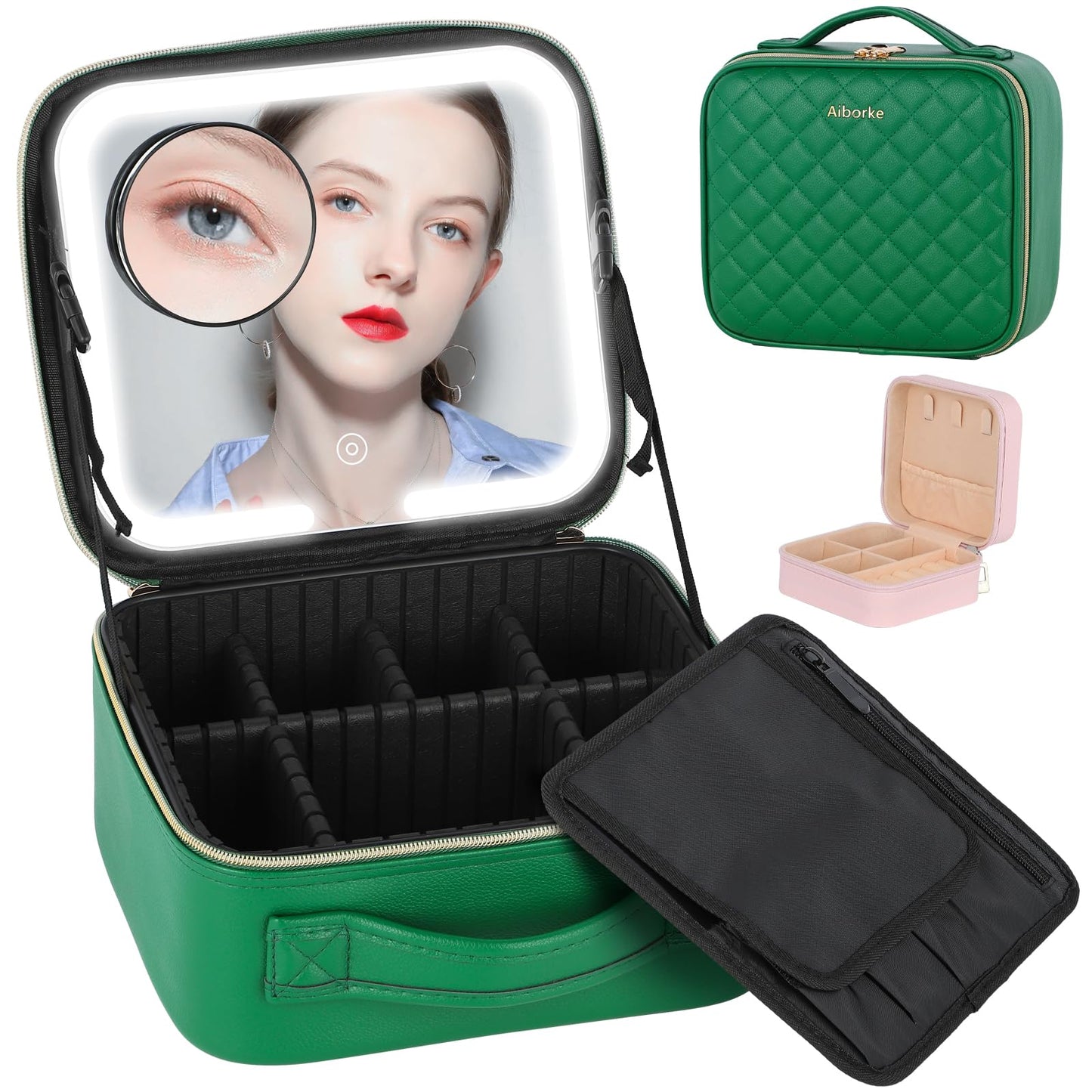 Aiborke Travel Makeup Bag with Light Up Mirror Makeup Case with Lighted Mirror Cosmetic Organizer bag with Adjustable Dividers and 10x Magnifying Mirror (Green)
