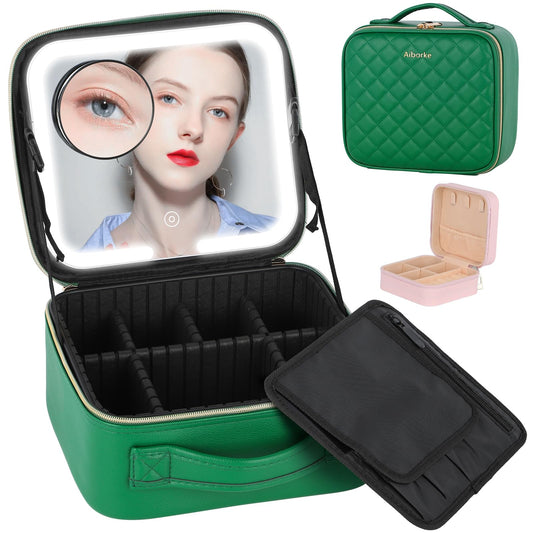 Aiborke Travel Makeup Bag with Light Up Mirror Makeup Case with Lighted Mirror Cosmetic Organizer bag with Adjustable Dividers and 10x Magnifying Mirror (Green)