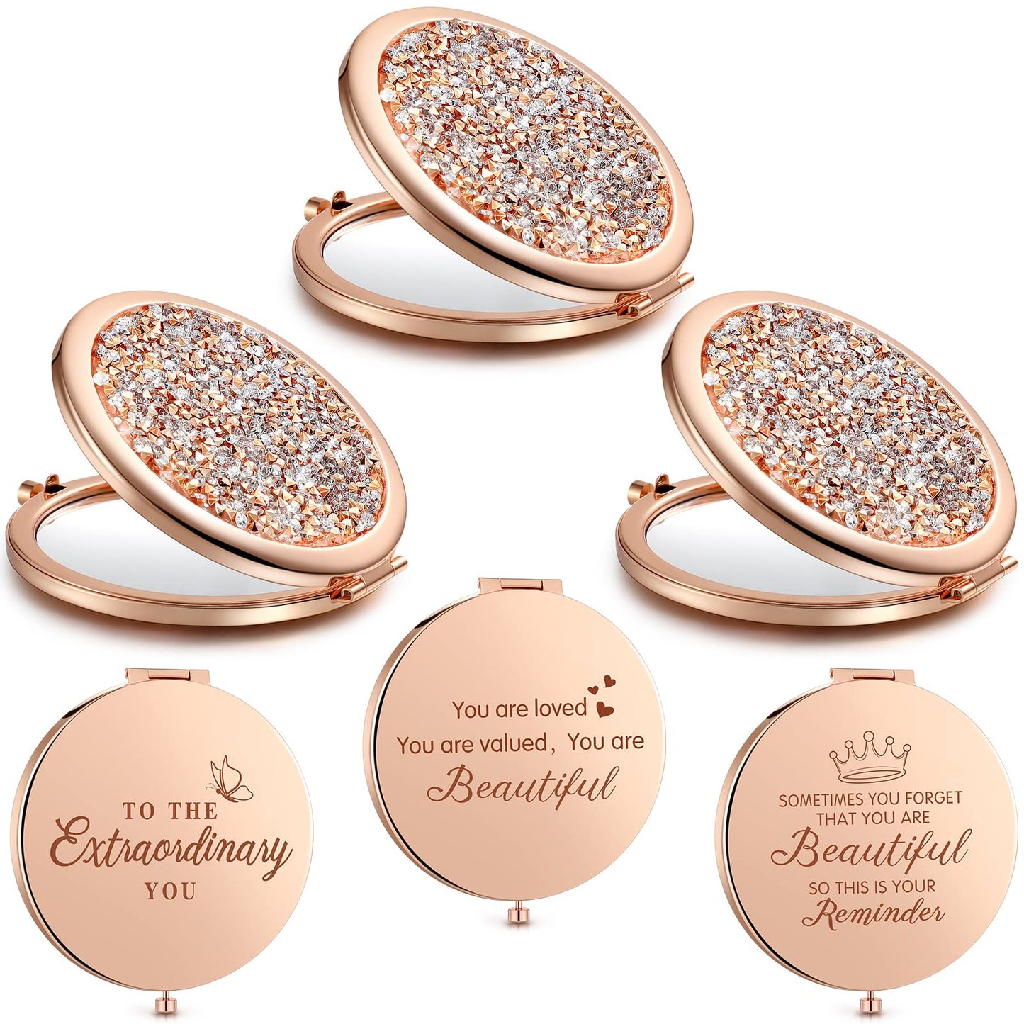 3 Pieces Magnifying Compact Cosmetic Mirror 2.75 Inch Round Pocket Makeup Mirror Travel Handheld Compact Mirror Engraved Purse Mirror with Inspirational Quote for Women Girl Christmas(Rose Gold)