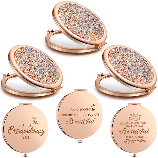 3 Pieces Magnifying Compact Cosmetic Mirror 2.75 Inch Round Pocket Makeup Mirror Travel Handheld Compact Mirror Engraved Purse Mirror with Inspirational Quote for Women Girl Christmas(Rose Gold)