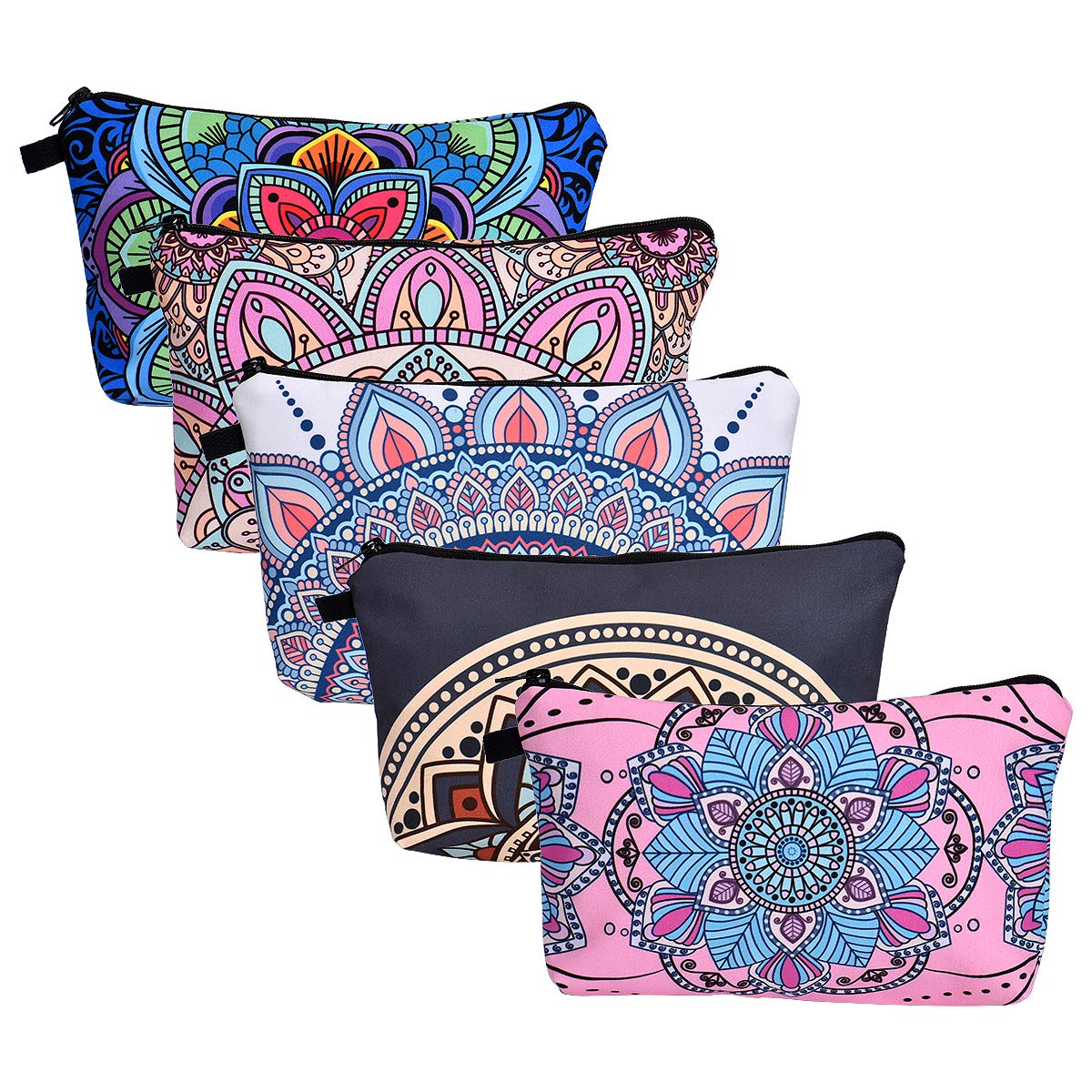 Queta 5 Pieces Makeup Bag for Women, Printed Roomy Cosmetic Bag for Purse Travel Waterproof Toiletry Bag with Mandala Flower Patterns Small Makeup Pouch Bulk Organizers for Girls with Zipper
