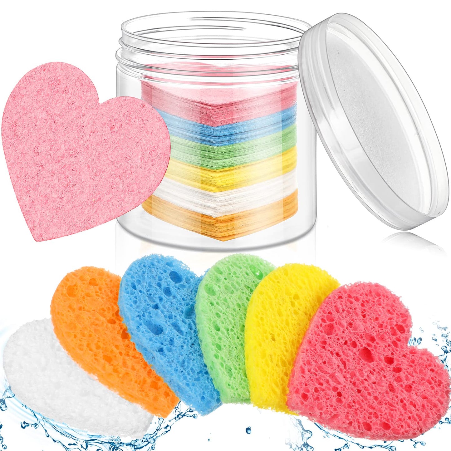 60 Pieces Facial Sponges with Container, Heart Shape Compressed Face Sponge Natural Sponge Pads for Washing Face Cleansing Exfoliating Esthetician Makeup Removal (Multi Colors)