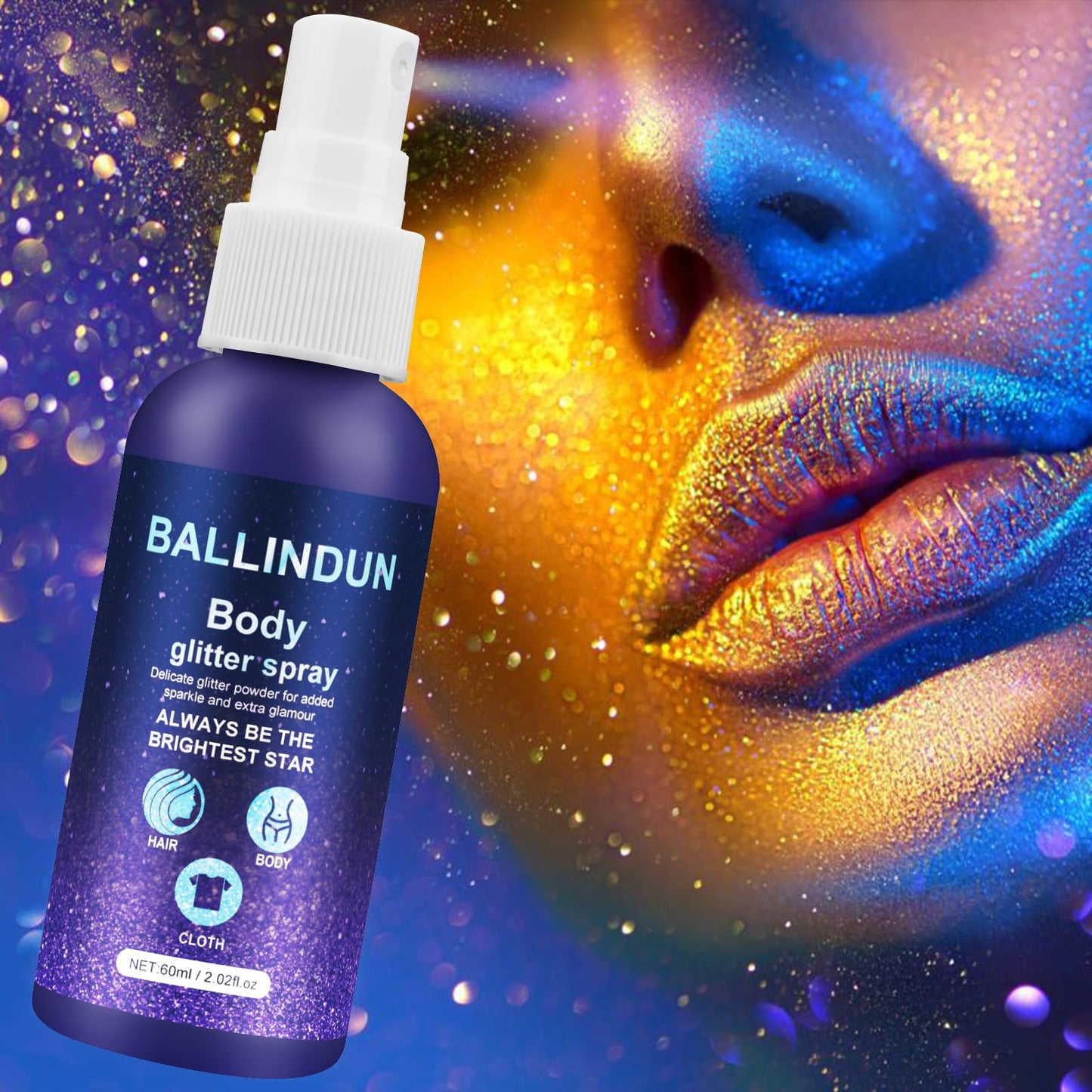 Ballindun Body Glitter, Face Glitter Spray, Body Glitter Spray for Clothes, Hair and Body, 60ml Long-Lasting Glitter Makeup, Body Shimmer Spray Rave Accessories for Festival Concert Halloween Party