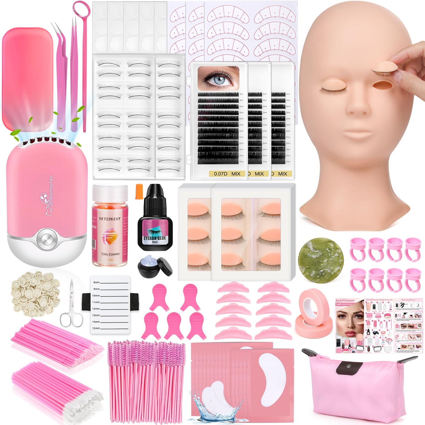 Professional Lash Extension Kit for Eyelash Extension Practice: Mannequin Head with Replaced Eyelids, Glue, Lash Remover, Lashes, Lash Tech Must Haves Training Set, Lash Kits Tools for Beginner