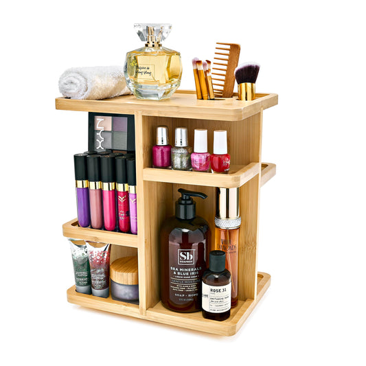 Sorbus 360° Makeup Organizer - Bamboo Wood Make Up Storage Carousel for Cosmetics, Skin Care Rotating Makeup Organizer for Vanity, Bathroom Storage
