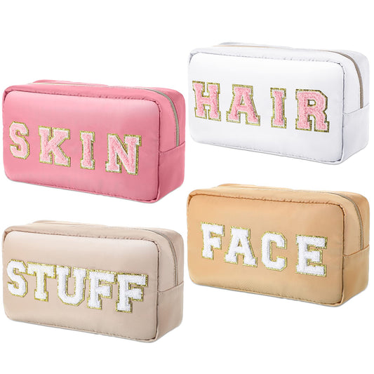 Remerry 4 Pcs Nylon Cosmetic Bag Chenille Letter Cosmetic Pouch Zipper Preppy Waterproof Hair Bag with Patches Makeup Organizer Pouch Set for Women (Light Brown, Beige, Light Pink, White)