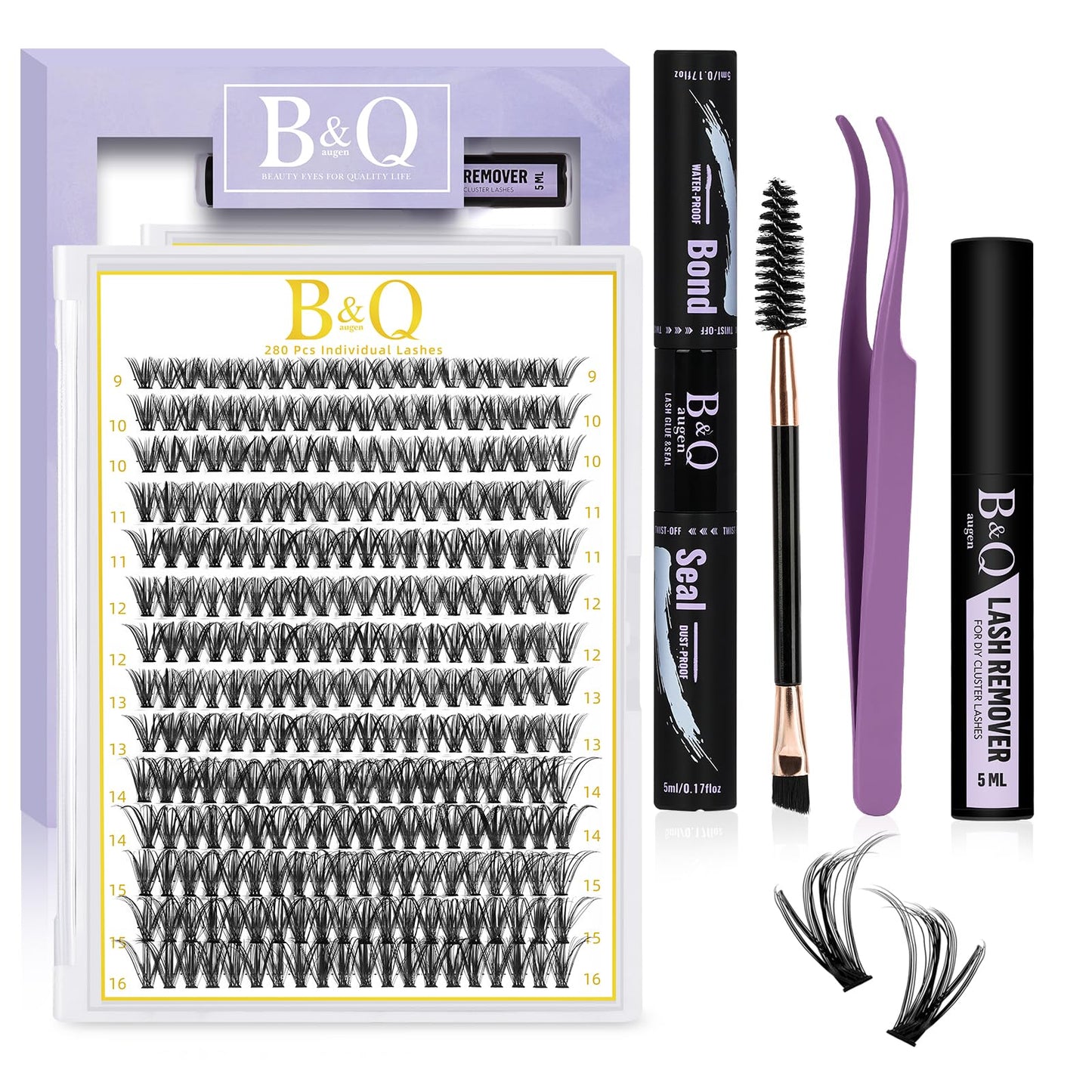 B&Q DIY Lash Extension Kit 280 PCS Individual Eyelash Extension Kit 0.07D 9-16MIX 30D 40D 50D Cluster Lashes Kit Lash Glue Remover for Eyelash Extensions(Kit-40D-0.07D,9-16MIX)