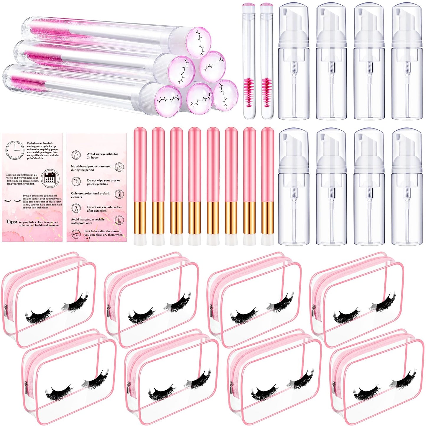 8 Pcs Lash Shampoo Brushes Set Eyelash Aftercare Bag Disposable Mascara Tubes Foam Pump Bottle Extension Aftercare Instructions Cards Eyelash Accessories for Valentine's Gift(Mesh Bag, Organza)