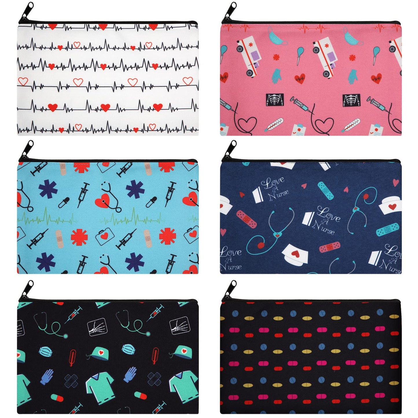 6 Pcs Nurse Cosmetic Bag Nurse Practitioner Gifts for Women Nurse Pattern Canvas Makeup Bag Funny Nurse Travel Bag Organizer Zipper Pouch Birthday Xmas Gift for Nurse Nursing School (Bright Patterns)