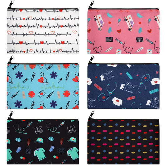 6 Pcs Nurse Cosmetic Bag Nurse Practitioner Gifts for Women Nurse Pattern Canvas Makeup Bag Funny Nurse Travel Bag Organizer Zipper Pouch Birthday Xmas Gift for Nurse Nursing School (Bright Patterns)