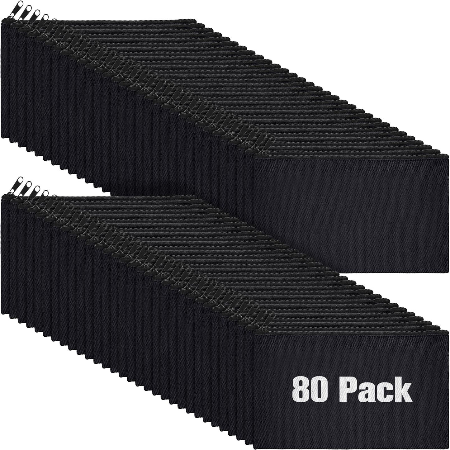 80 Pack Canvas Zipper Makeup Bags Bulk Pencil Pouches Blank DIY Craft Canvas Cosmetic Bag Pouch with Zipper for Makeup Cosmetic Toiletry Stationary Storage (Black)