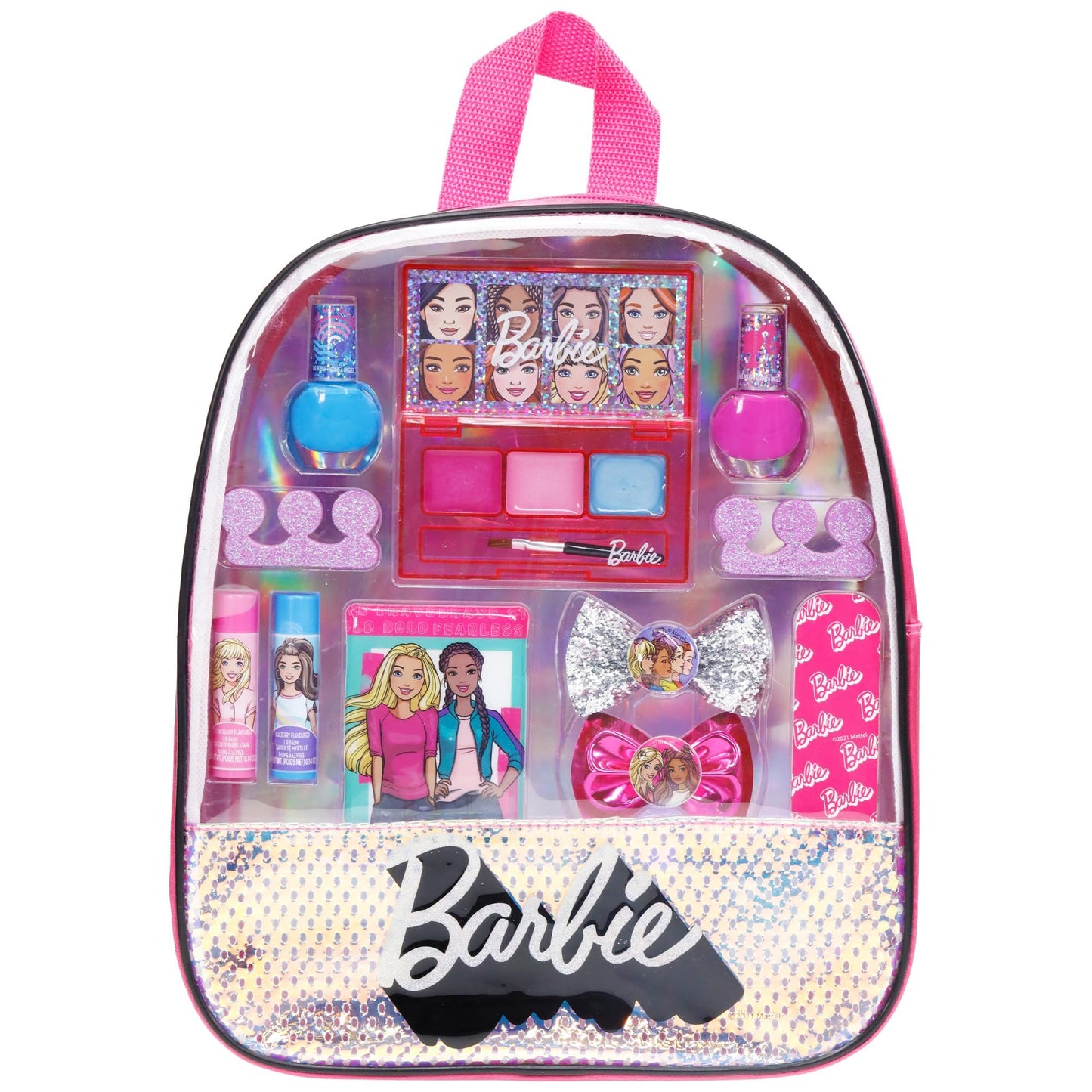 Barbie - Townley Girl 15 Pcs Makeup Filled Backpack Cosmetic Gift Set with Mirror Includes Lip Gloss, Nail Polish, Hair Bow & More! for Kids Girls, Ages 3+ Perfect for Parties, Sleepovers & Makeovers