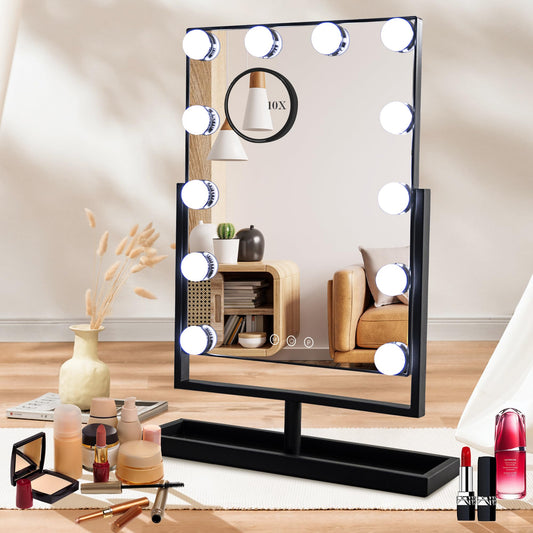 SLIMOON Vanity Mirror with Lights, 12 Dimmable LED Bulbs Hollywood Mirror Detachable 10X Magnification Mirror, Touch Control, 1000mAh Rechargeable Makeup Mirror with 3 Color Lights and Storage Black