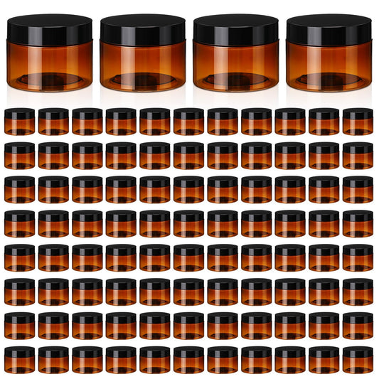 Tanlade 100 Pcs 4 oz Amber Plastic Cosmetic Jars with Lids Empty Leak Proof Container Round Airtight Refillable Cosmetic Jars for Cream, Lotion, Powder, Ointment, Beauty Products Travel Storage