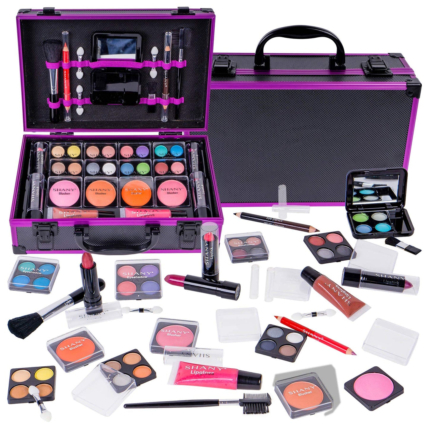 SHANY Carry All Makeup Train Case with Pro Makeup Set, Makeup Brushes, Lipsticks, Eye Shadows, Blushes, Powders, and more - Reusable Makeup Storage - Premium Gift Packaging - Purple
