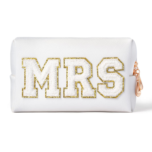 Belanttega Bride Patch MRS Cosmetic Bag PU Leather White Letter Portable Waterproof Purse Organizer Travel Toiletry Bag Engaged Makeup Bag Gift for Women Girls, Gold