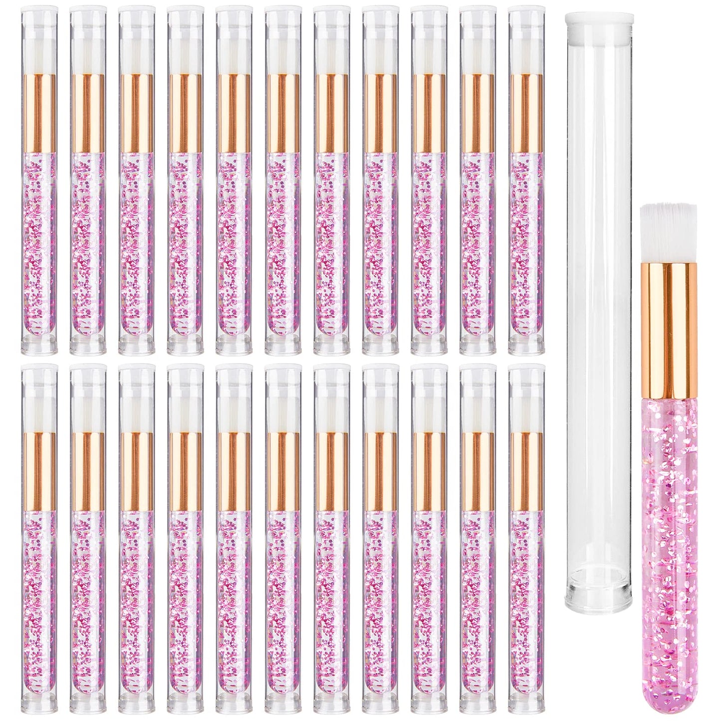 TUZAZO 40 Pieces Pink Lash Shampoo Brushes Set - 20pcs Glitter Crystal Eyelash Extension Cleanser Brush with 20pcs Plastic Travel Tube - Nose Pore Deep Cleaning Brush for Facial Cleansing